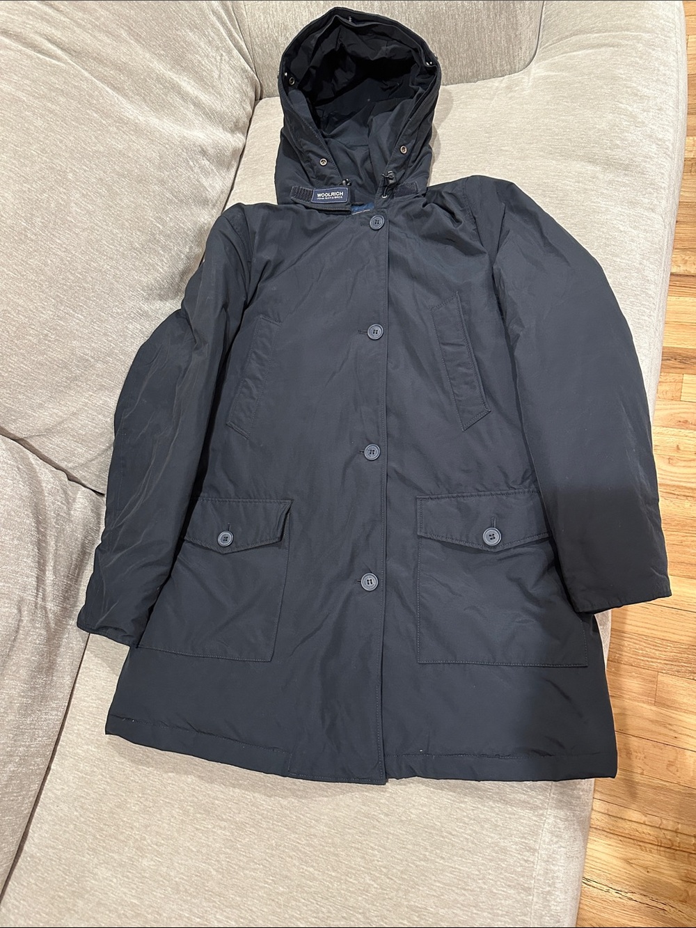 Woolrich women’s XL arctic down parka in melton blue (navy)